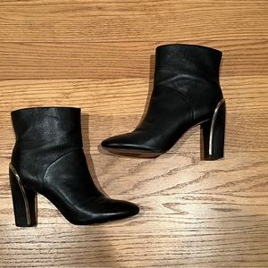 DVF Diane Von Furstenberg Black and Gold Leather Ankle Boots 7